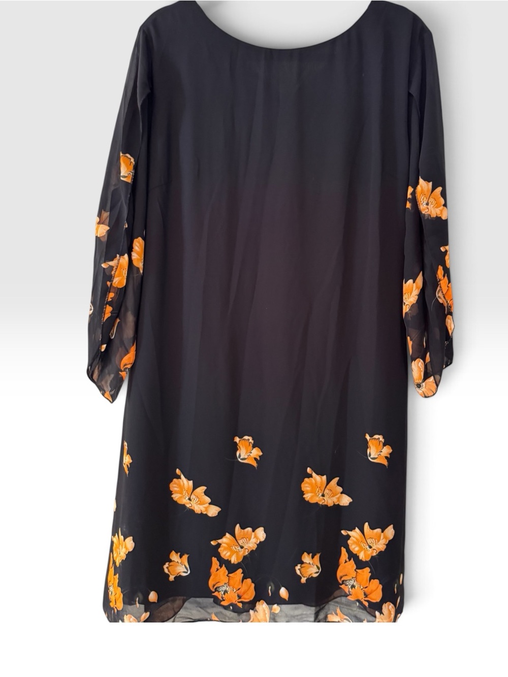 Black Floral Shift Dress with Sheer Bell Sleeves - Picture 2 of 7